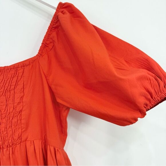 Style House Coral Red Puff Sleeve Keyhole Tie Bust Lacy Hem Maxi Peasant Dress - Picture 13 of 15